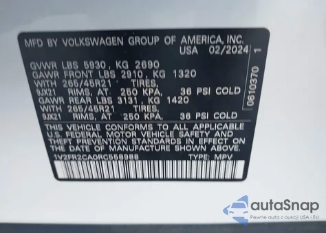 2024 Volkswagen Atlas 2.0T Sel Premium R-Line from USA, damaged, VIN 1V2FR2CA0RC558988